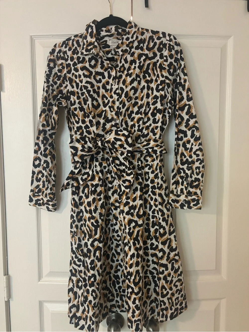 J. Crew Long-Sleeve Leopard Print Tie-Waist Dress in Black, White & Tan